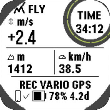 Instinct 2X flight page: lift plus 2.4 metres per second, altitude 1412 metres, speed 38.5 kilometres per hour, air time 34:12