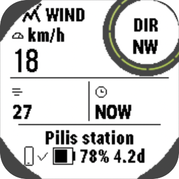 Instinct 2X wind page: 18 kilometres per hour from the north west, gusts 27, reading is current